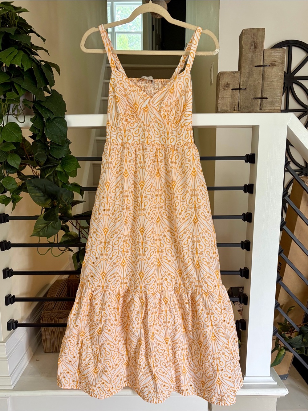 LOFT Petite White Orange Embroidered Eyelet Midi Dress 4P